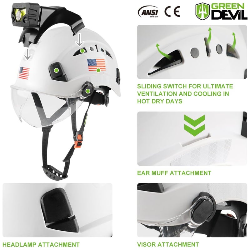 GREEN DEVIL قبعة صلبة للسلامة من GREEN DEVIL مع مصباح أمامي قابل لإعادة الشحن للرجال قبعة صلبة بفتحات تهوية للعمل ANSI Z89.1 معتمدة من Cascos de Construccion مثالية لبطانة خوذة البناء الصناعية متضمنة - Image 2